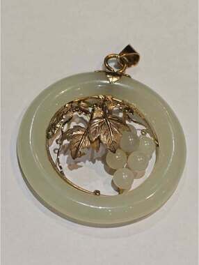 10K Yellow Gold & Jade Disk with grapes accent Hand-Carved Pendant
